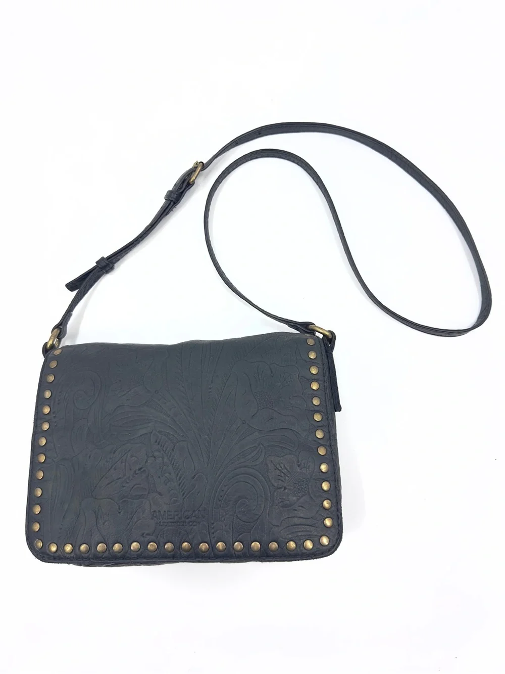 American Leather Co Tooled Leather Crossbody Purse Studded Boho Classic Flap Bag